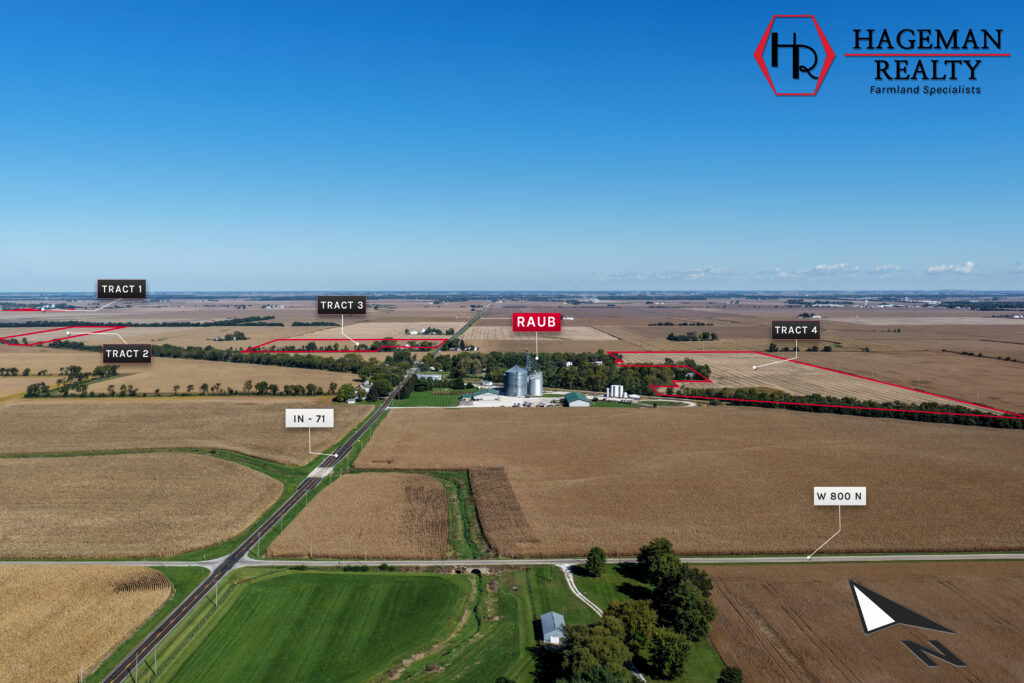Aerial overview of Portteus Farm with all four tracts outlined in red around Raub, Newton and Benton Counties, Indiana