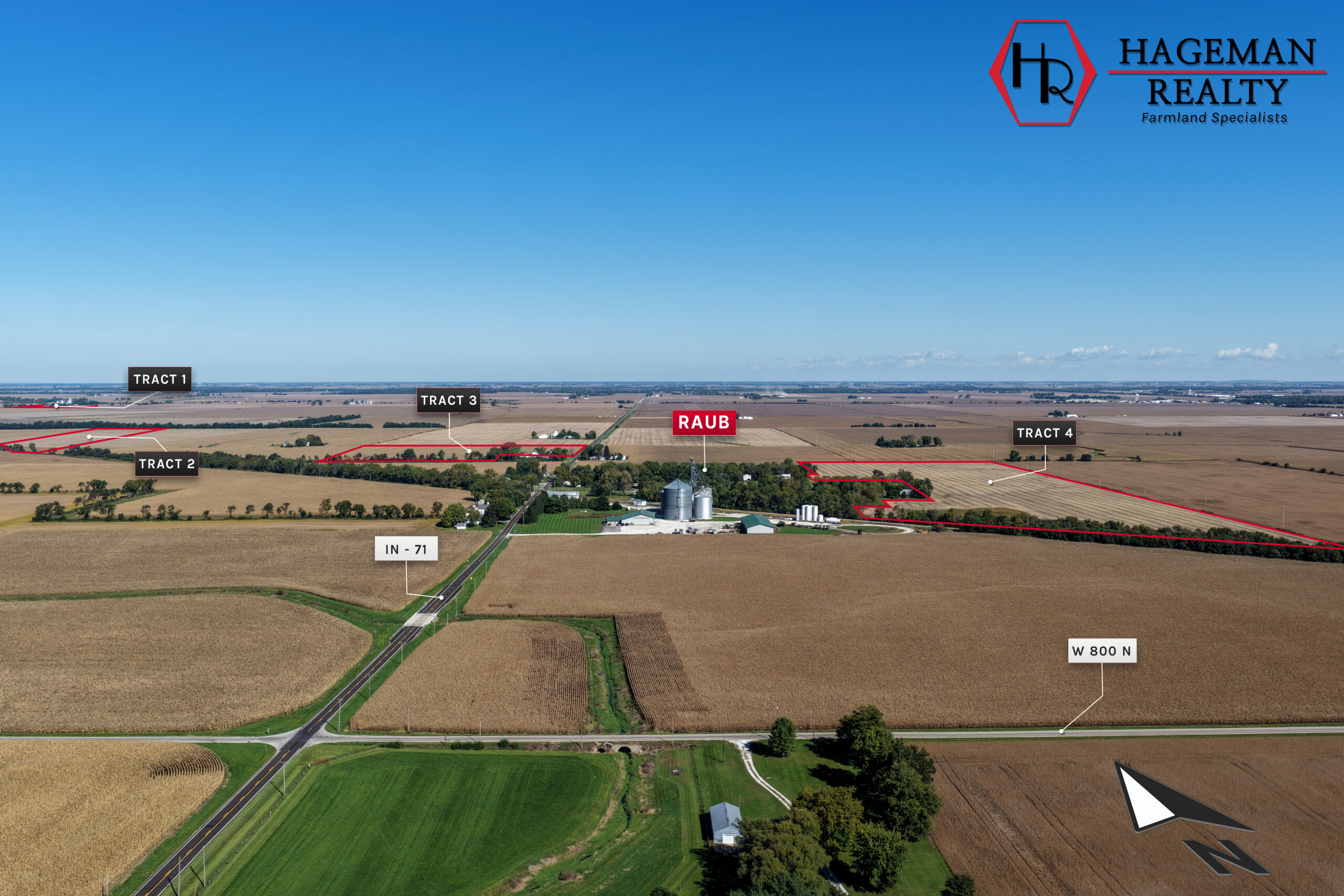 Aerial overview of Portteus Farm with all four tracts outlined in red around Raub, Newton and Benton Counties, Indiana