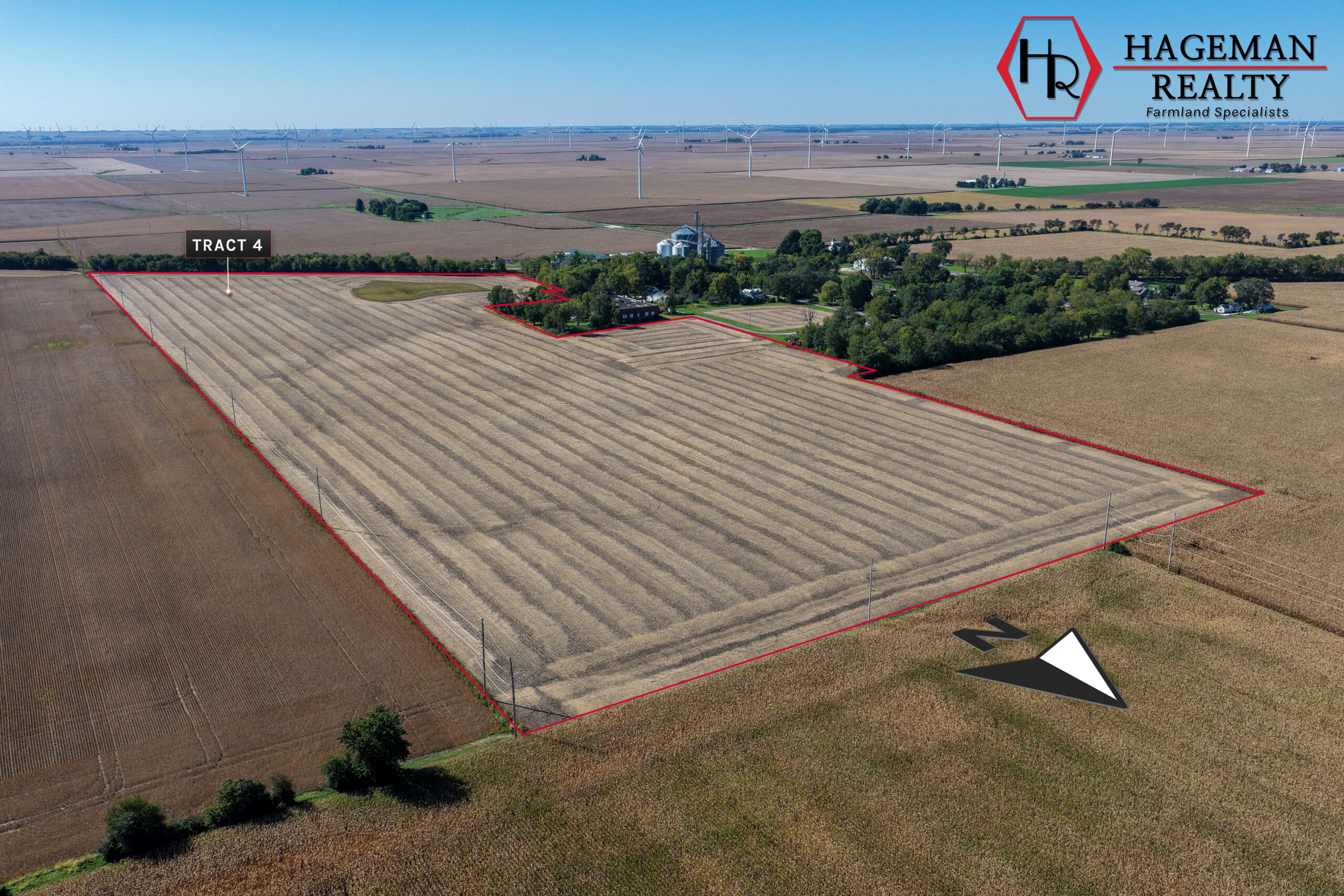 Portteus Farm Tract 4 outlined in red at the edge of Raub, with wind turbines in the distance, Benton County, Indiana