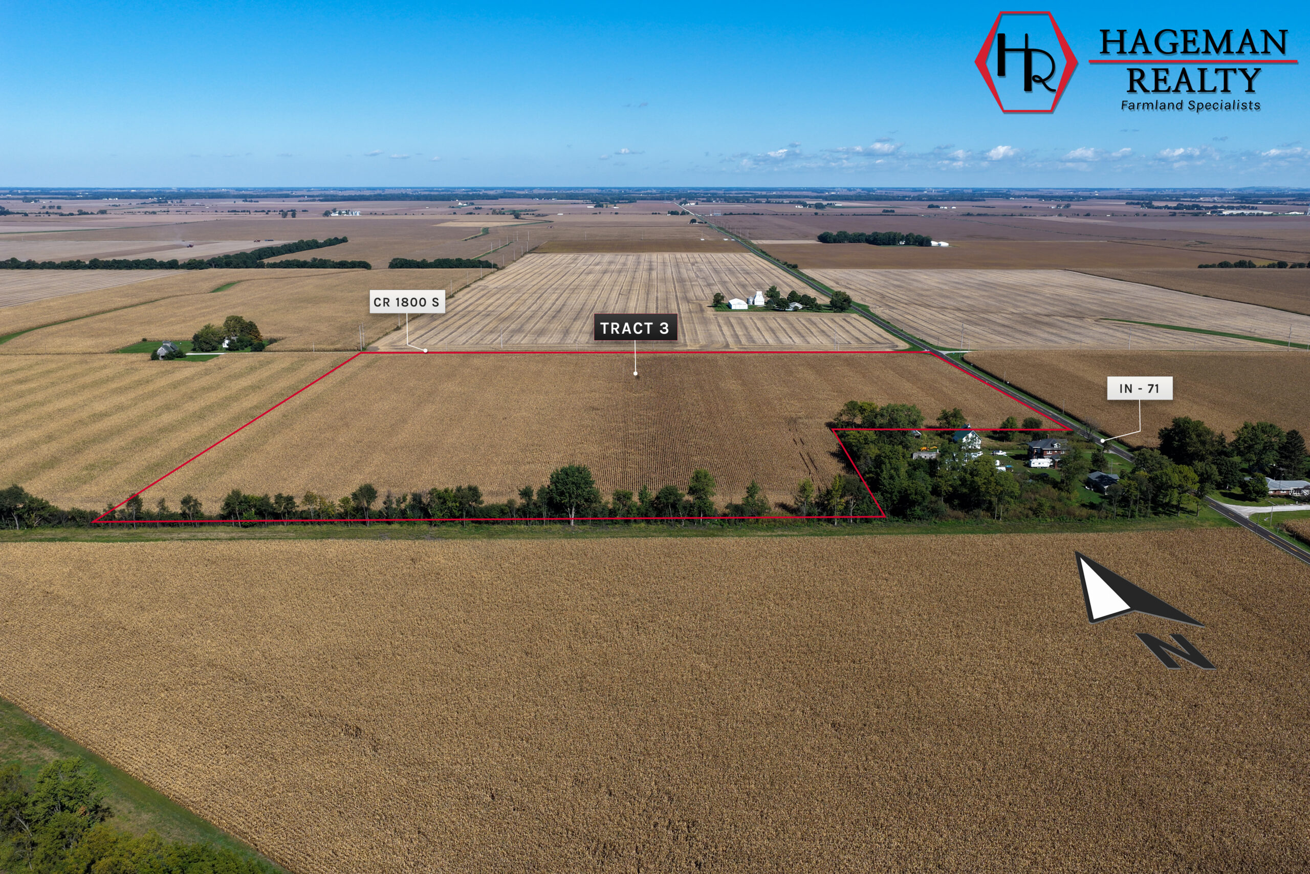Portteus Farm Tract 3 outlined in red along CR 1800 S near IN-71, Benton County, Indiana farmland outlined in red along CR 1800 S near IN-71, Benton County, Indiana farmland